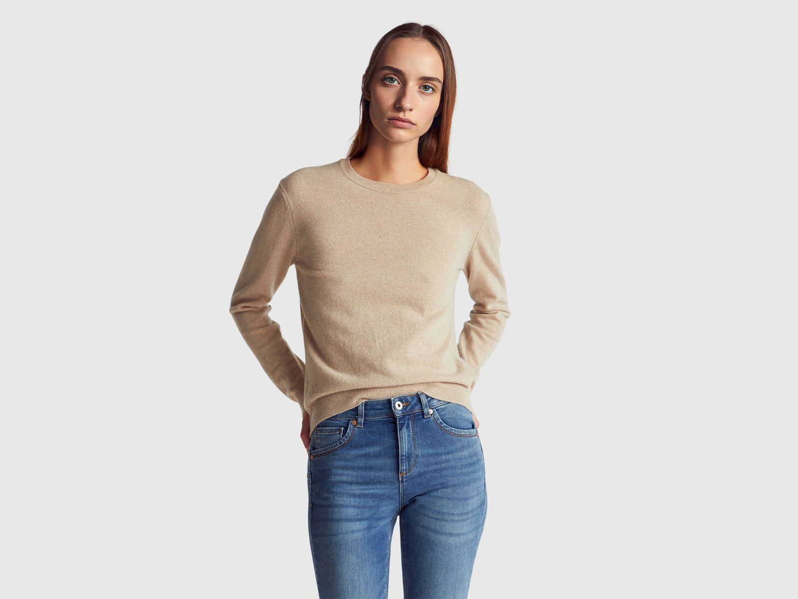 Cardigã de gola redonda bege em pura lã Merino - ucb_image_F