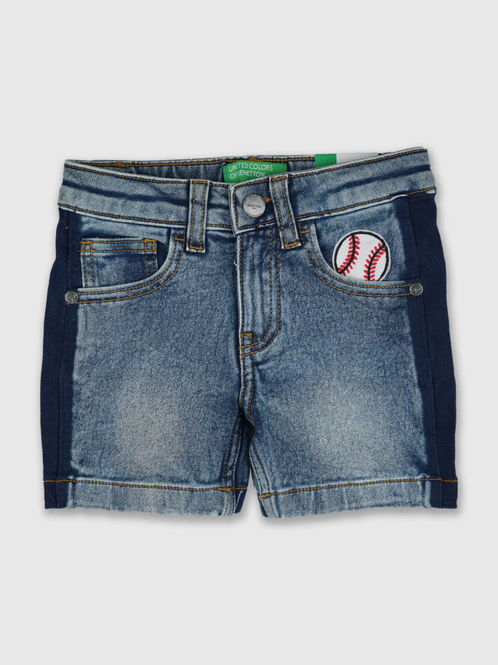 Denim Short With Color Block And Badge