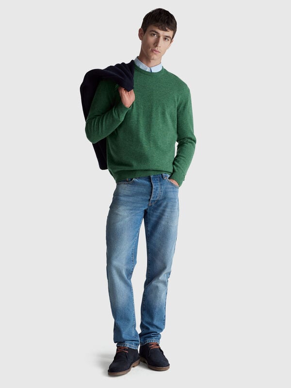 Marl green crew neck sweater in pure Merino wool Men