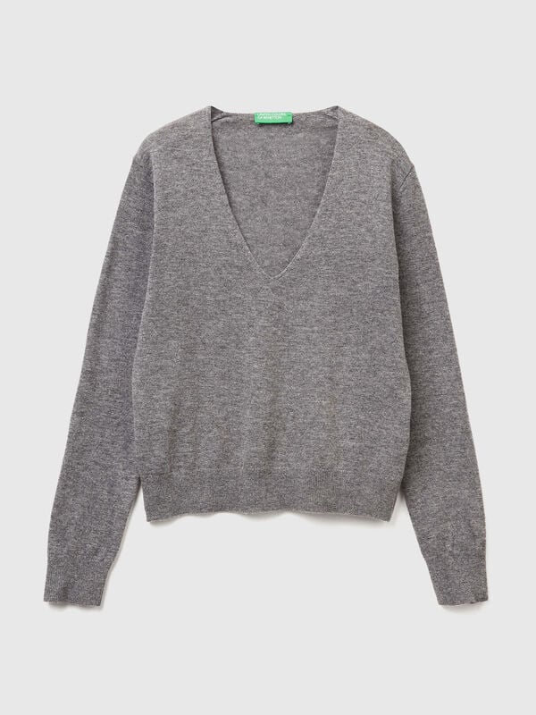 Mouse gray V-neck sweater in pure Merino wool Women