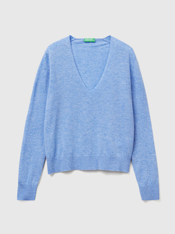 Sky blue V-neck sweater in pure Merino wool Women