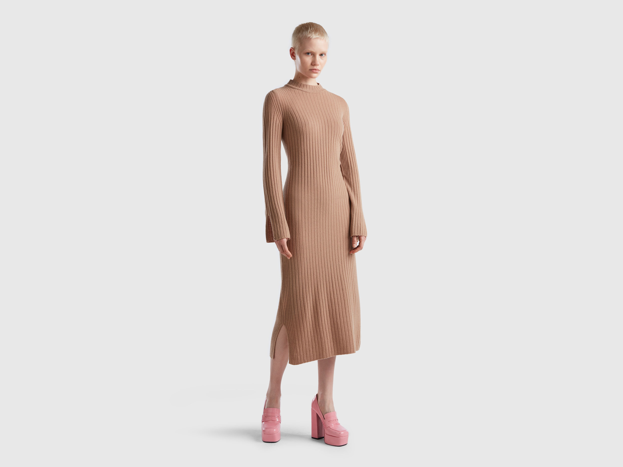 Knit dress with slits - Camel | Benetton