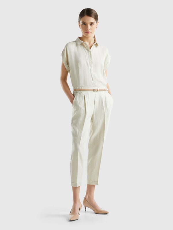 Cropped trousers in 100% linen Women