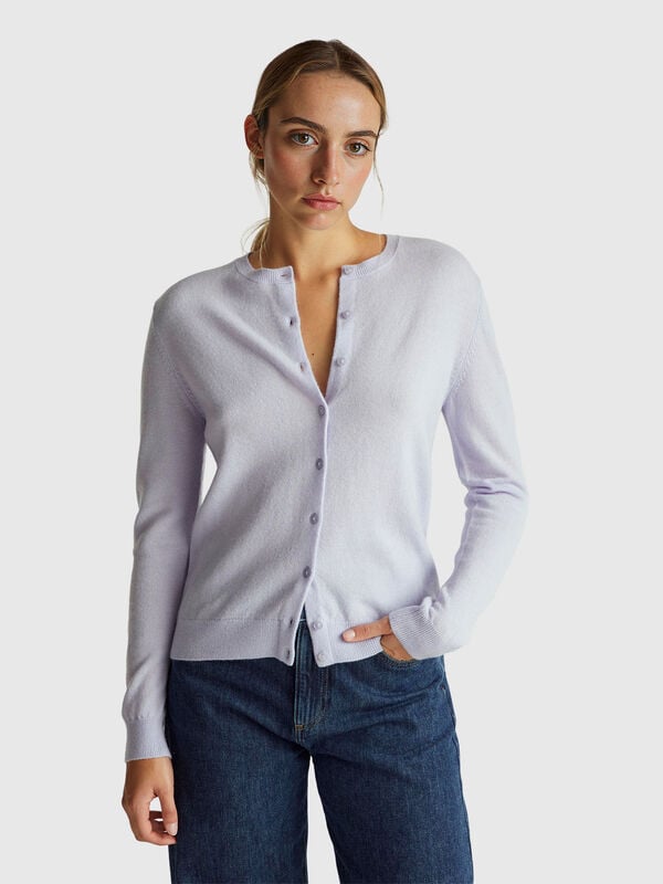 Lilac crew neck cardigan in pure Merino wool Women
