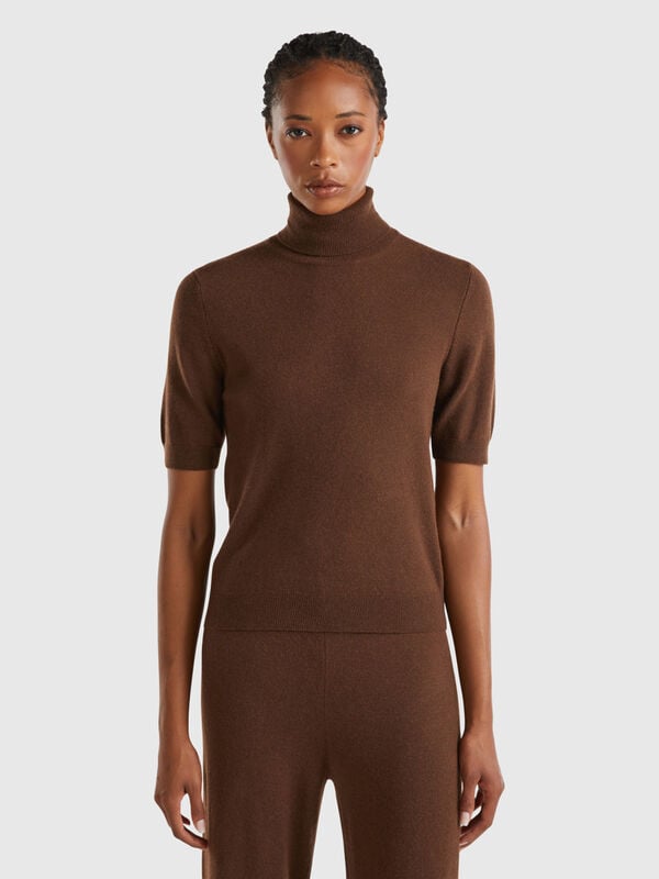 Dark brown short sleeve turtleneck in cashmere blend Women