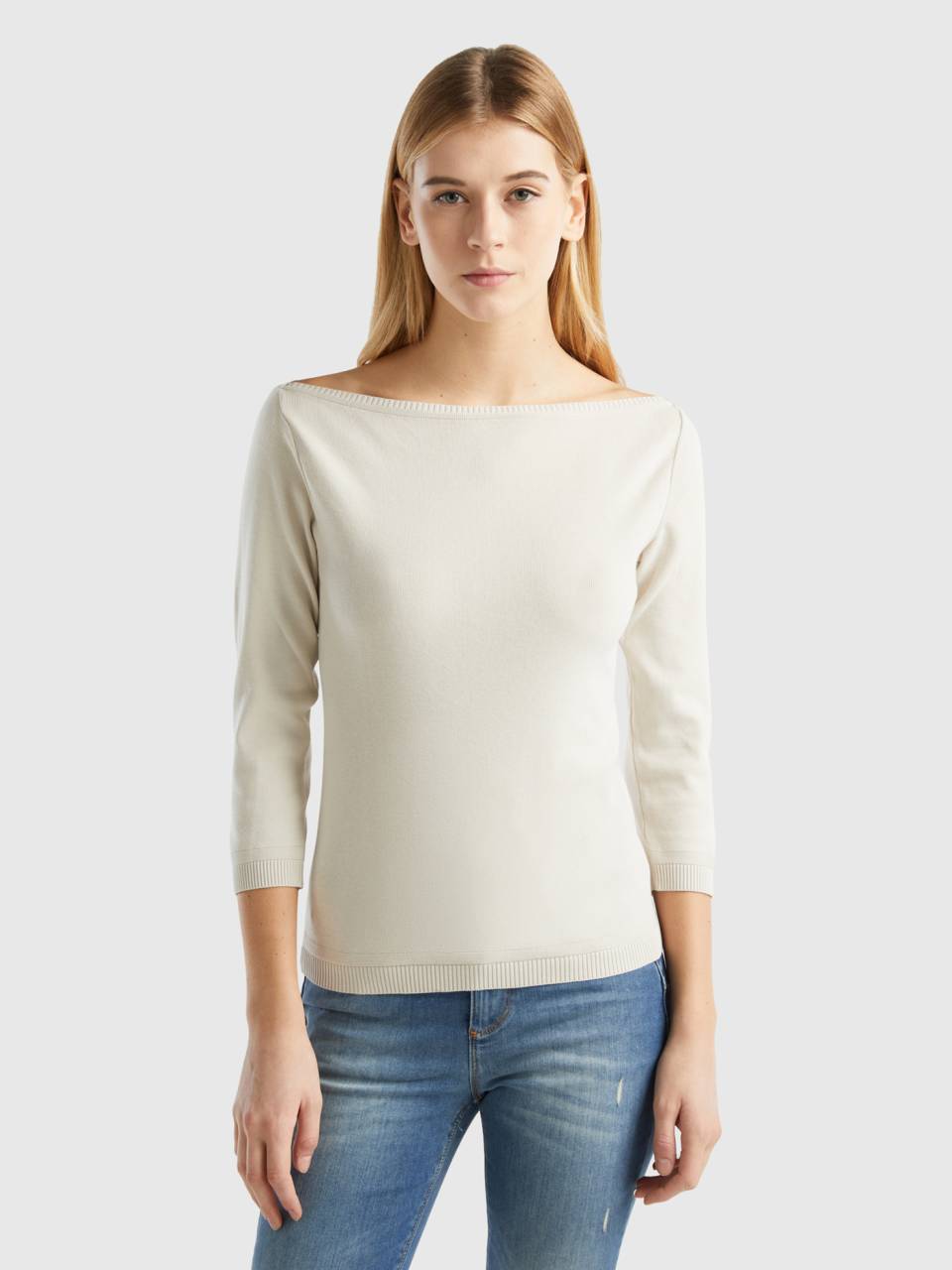 100% cotton boat neck sweater - Beige | Benetton
